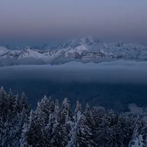 Le Mont blanc apparait au-dessus d'une mer de nuages en fin de journée, en plein hiver, au moment de l'heure bleue