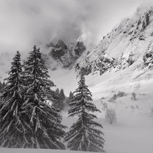 Le paysage hivernal se découvre progressivement, la brume s'évapore, les montagnes enneigées dominent au second plan